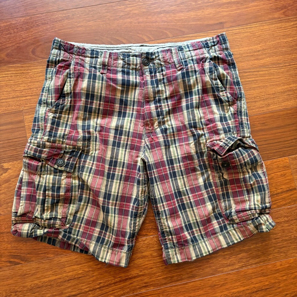 American Eagle Mens Plaid Cargo Shorts 36 Red Navy Y2K Classic Length Heavy